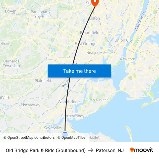 Old Bridge Park & Ride (Southbound) to Paterson, NJ map