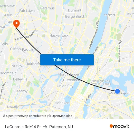 LaGuardia Rd/94 St to Paterson, NJ map
