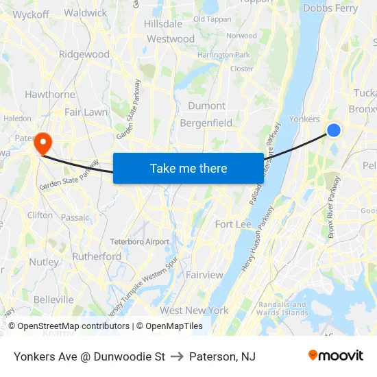 Yonkers Ave @ Dunwoodie St to Paterson, NJ map