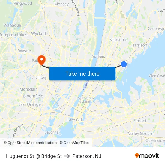Huguenot St @ Bridge St to Paterson, NJ map
