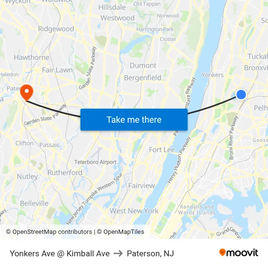Yonkers Ave @ Kimball Ave to Paterson, NJ map