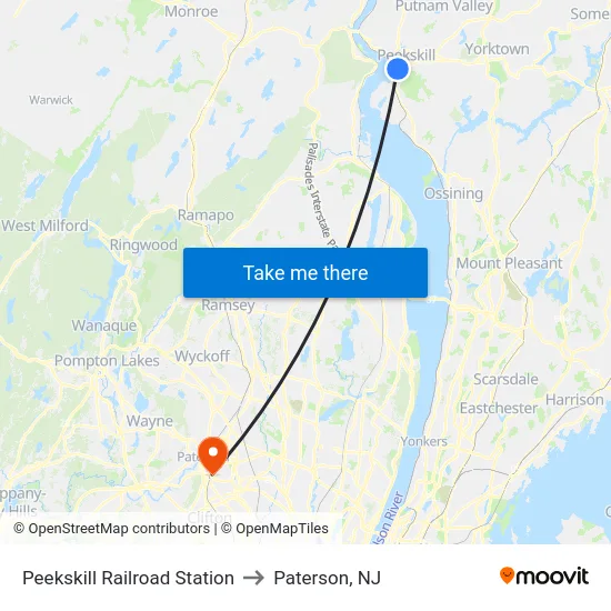Peekskill Railroad Station to Paterson, NJ map