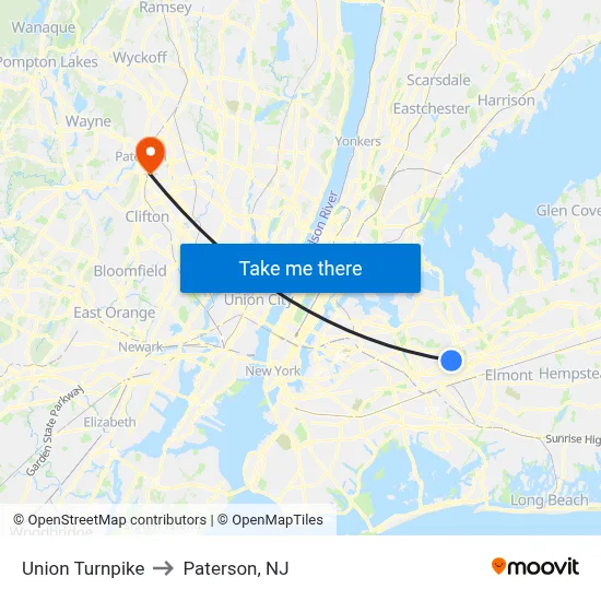 Union Turnpike to Paterson, NJ map