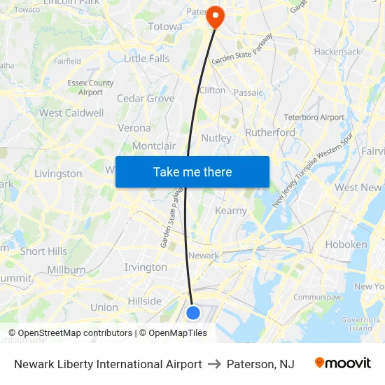 Newark Liberty International Airport to Paterson, NJ map
