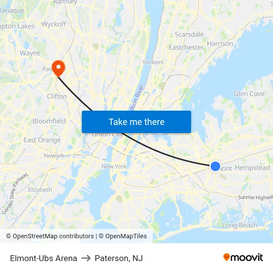 Elmont-Ubs Arena to Paterson, NJ map