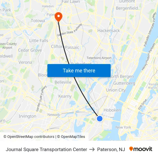 Journal Square Transportation Center to Paterson, NJ map