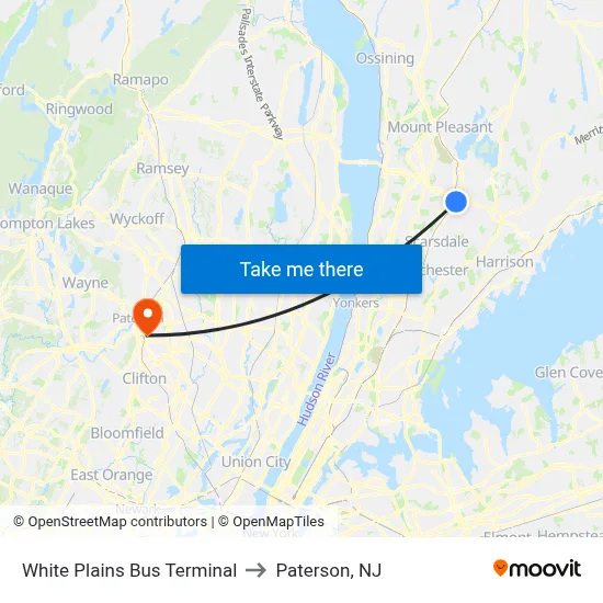 White Plains Bus Terminal to Paterson, NJ map