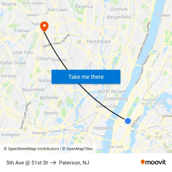 5th Ave @ 51st St to Paterson, NJ map