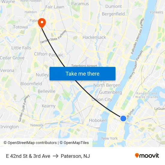 E 42nd St & 3rd Ave to Paterson, NJ map