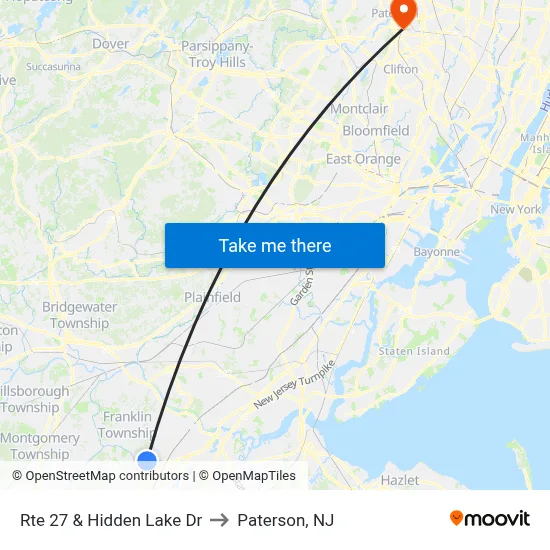 Rte 27 & Hidden Lake Dr to Paterson, NJ map