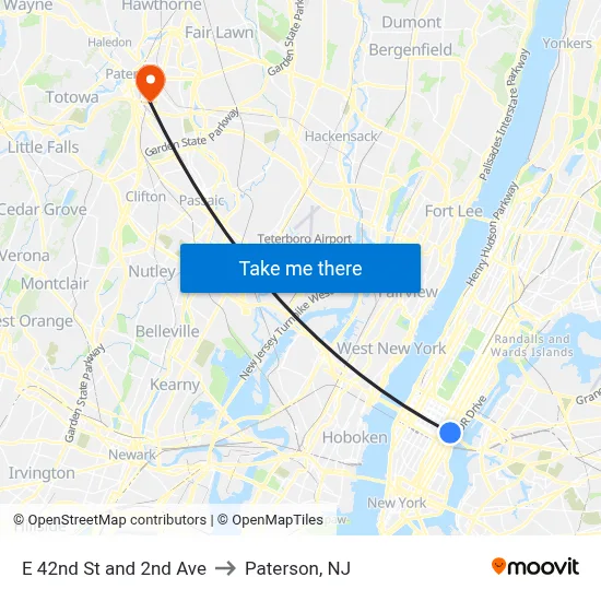E 42nd St and 2nd Ave to Paterson, NJ map