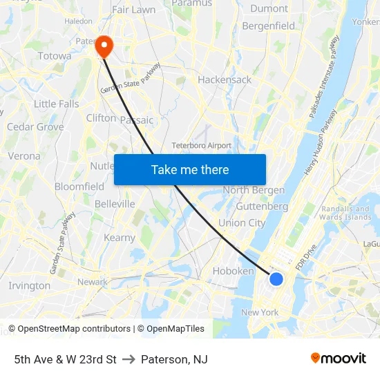5th Ave & W 23rd St to Paterson, NJ map