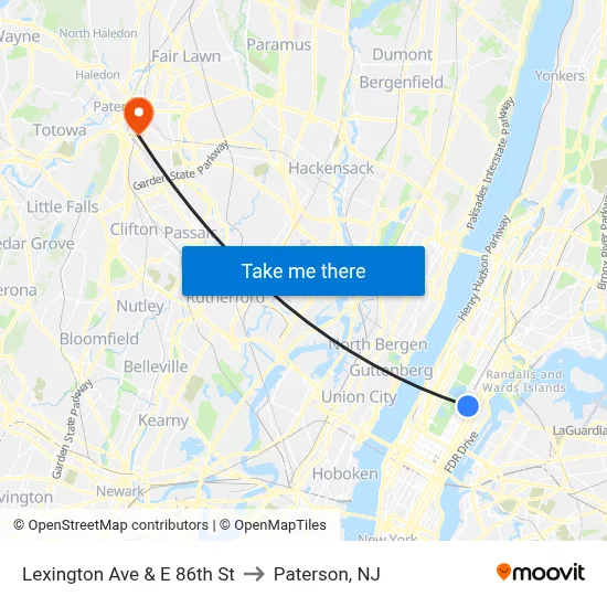 Lexington Ave & E 86th St to Paterson, NJ map
