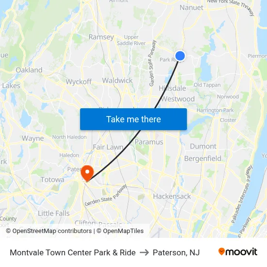 Montvale Town Center Park & Ride to Paterson, NJ map