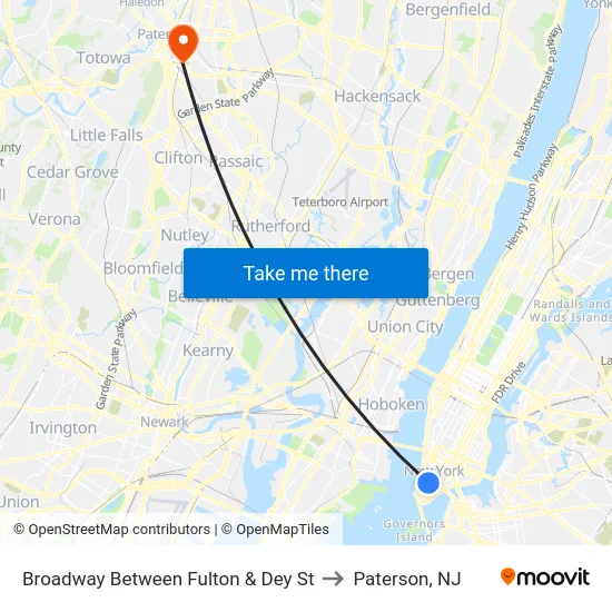 Broadway Between Fulton & Dey St to Paterson, NJ map