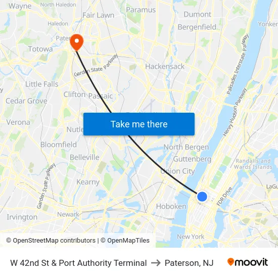 W 42nd St & Port Authority Terminal to Paterson, NJ map