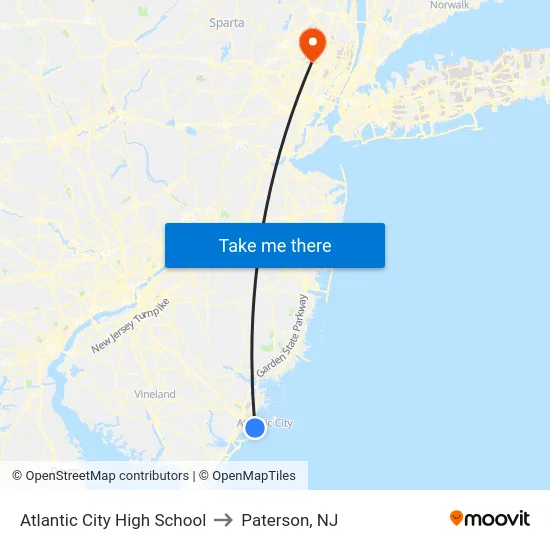 Atlantic City High School to Paterson, NJ map