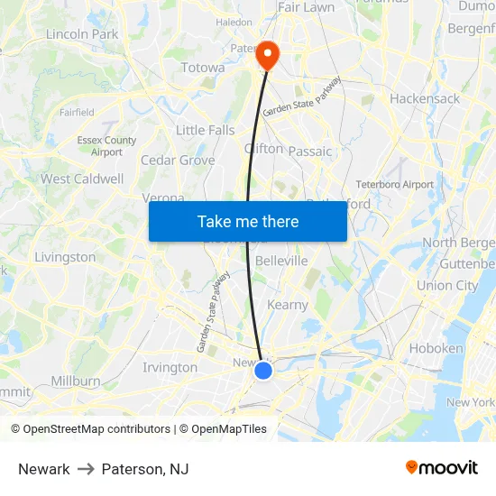Newark to Paterson, NJ map
