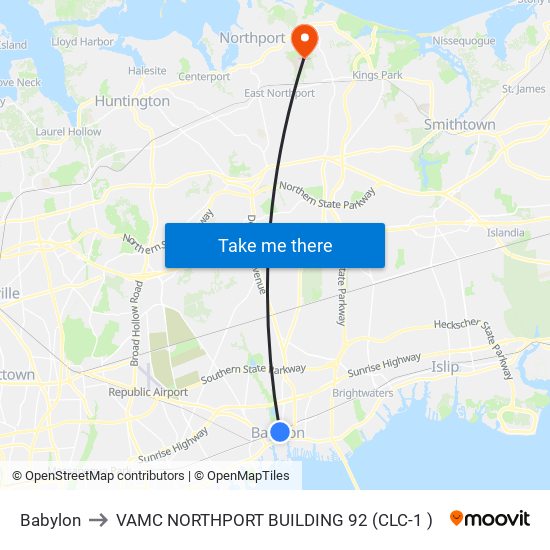 Babylon to VAMC NORTHPORT BUILDING 92 (CLC-1 ) map