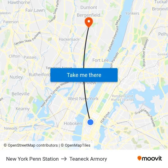New York Penn Station to Teaneck Armory map