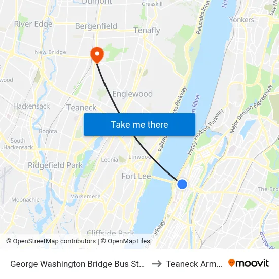 George Washington Bridge Bus Station to Teaneck Armory map