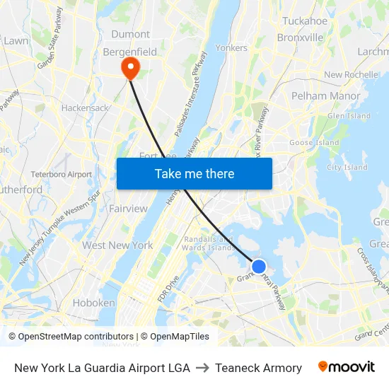 New York La Guardia Airport LGA to Teaneck Armory map