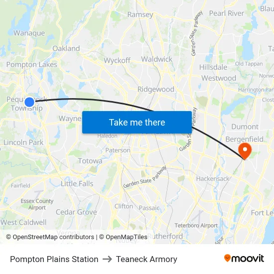 Pompton Plains Station to Teaneck Armory map