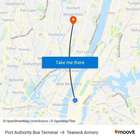 Port Authority Bus Terminal to Teaneck Armory map