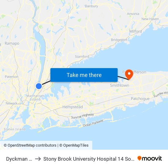 Dyckman St to Stony Brook University Hospital 14 South map