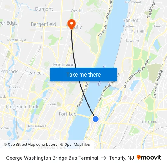 George Washington Bridge Bus Terminal to Tenafly, NJ map