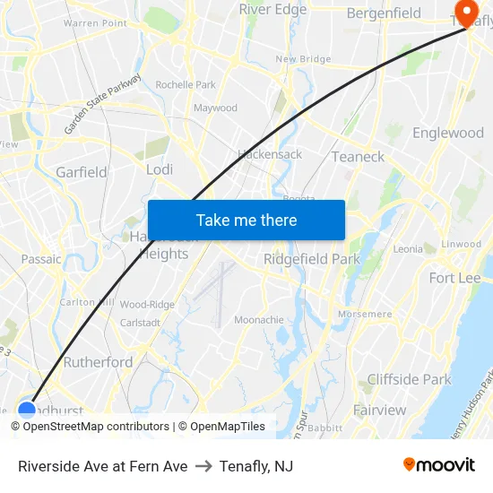 Riverside Ave at Fern Ave to Tenafly, NJ map