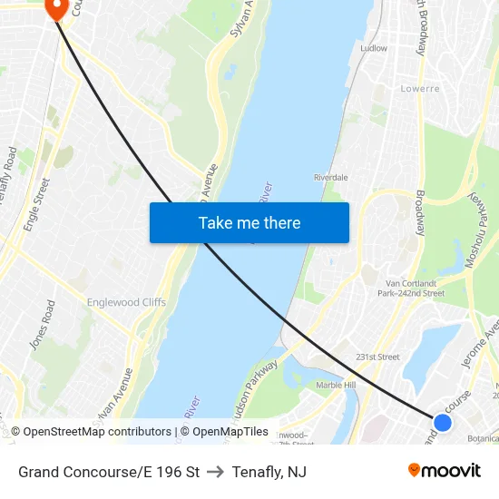 Grand Concourse/E 196 St to Tenafly, NJ map