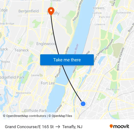 Grand Concourse/E 165 St to Tenafly, NJ map