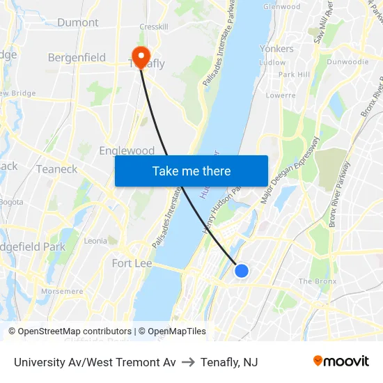 University Av/West Tremont Av to Tenafly, NJ map