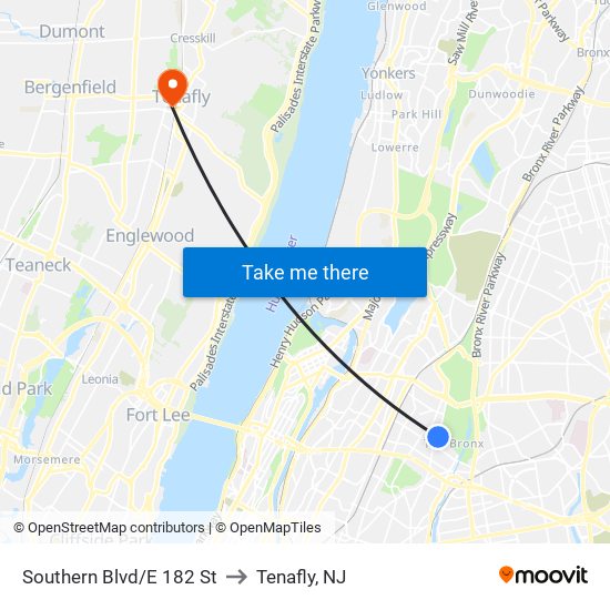 Southern Blvd/E 182 St to Tenafly, NJ map