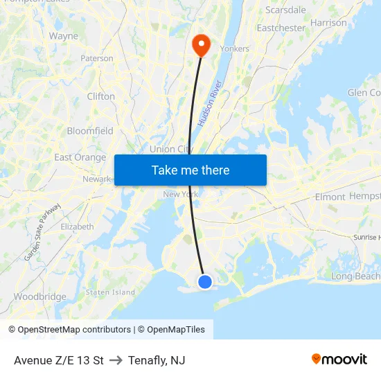 Avenue Z/E 13 St to Tenafly, NJ map