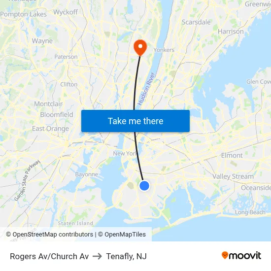 Rogers Av/Church Av to Tenafly, NJ map