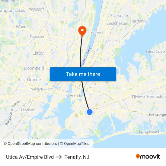 Utica Av/Empire Blvd to Tenafly, NJ map