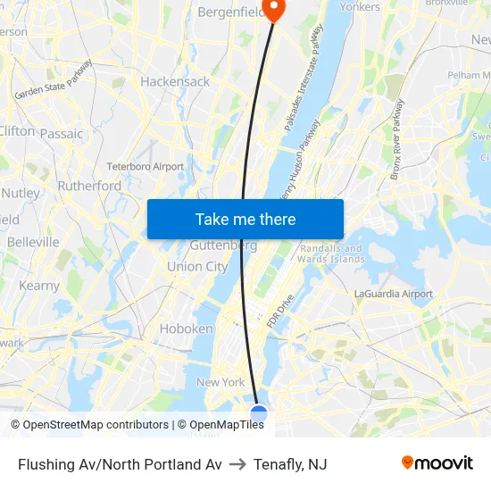 Flushing Av/North Portland Av to Tenafly, NJ map