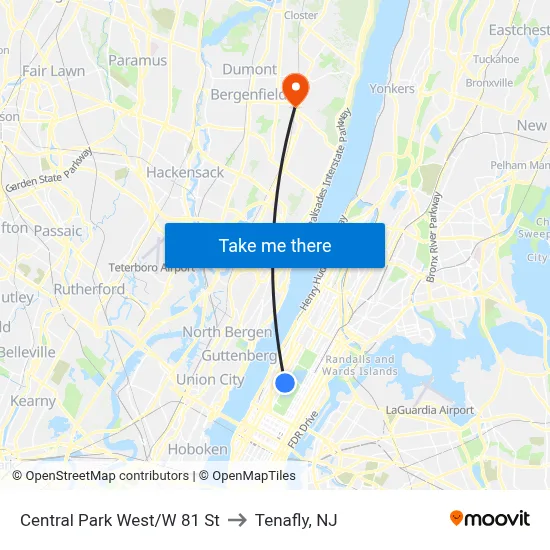 Central Park West/W 81 St to Tenafly, NJ map