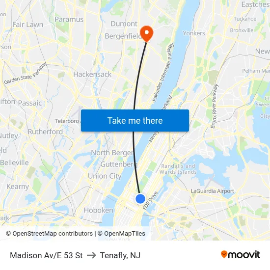 Madison Av/E 53 St to Tenafly, NJ map