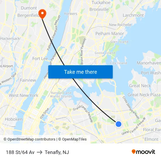 188 St/64 Av to Tenafly, NJ map