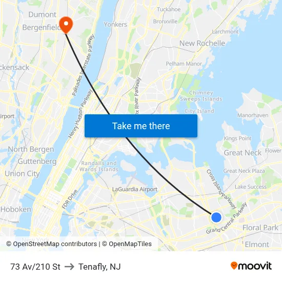 73 Av/210 St to Tenafly, NJ map