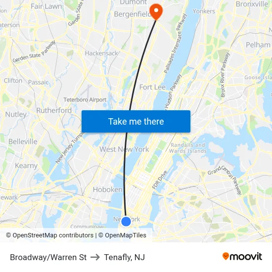 Broadway/Warren St to Tenafly, NJ map