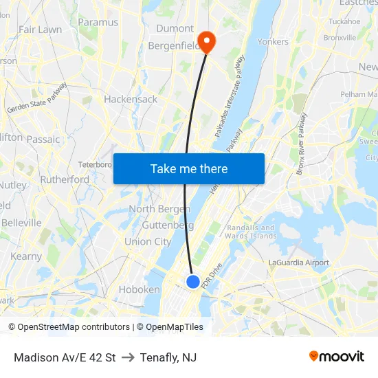 Madison Av/E 42 St to Tenafly, NJ map