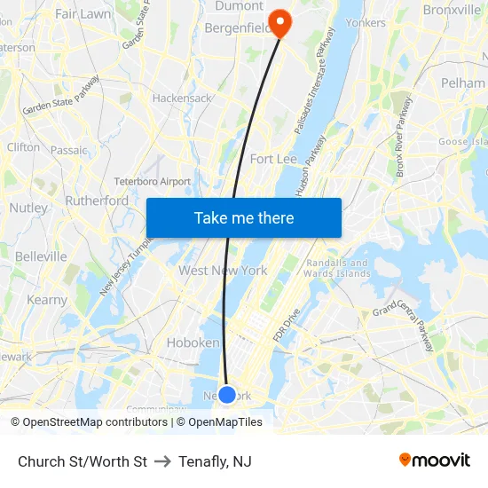 Church St/Worth St to Tenafly, NJ map