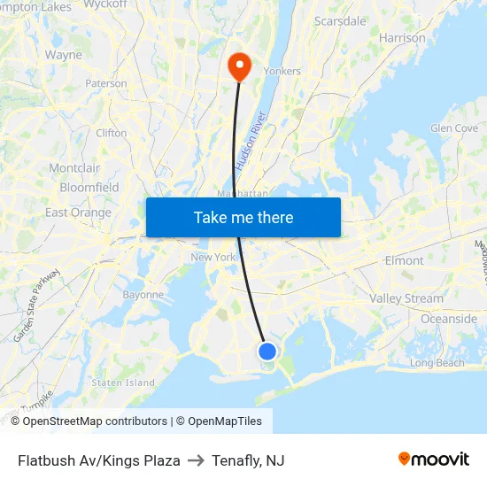 Flatbush Av/Kings Plaza to Tenafly, NJ map