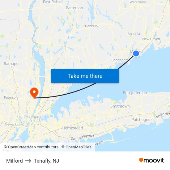 Milford to Tenafly, NJ map