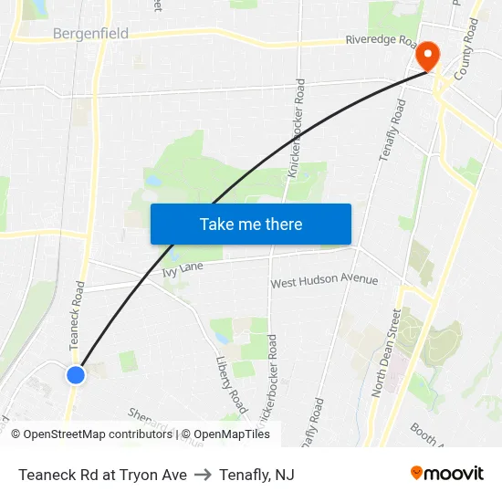 Teaneck Rd at Tryon Ave to Tenafly, NJ map