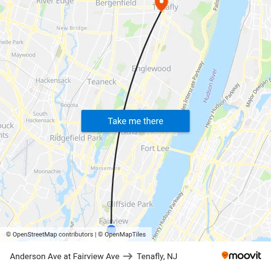 Anderson Ave at Fairview Ave to Tenafly, NJ map